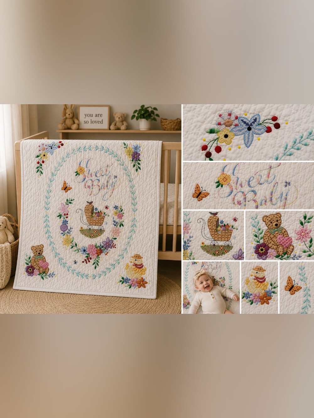 Handmade Embroidered Baby Quilt – Sweet Baby – Heirloom Nursery Blank